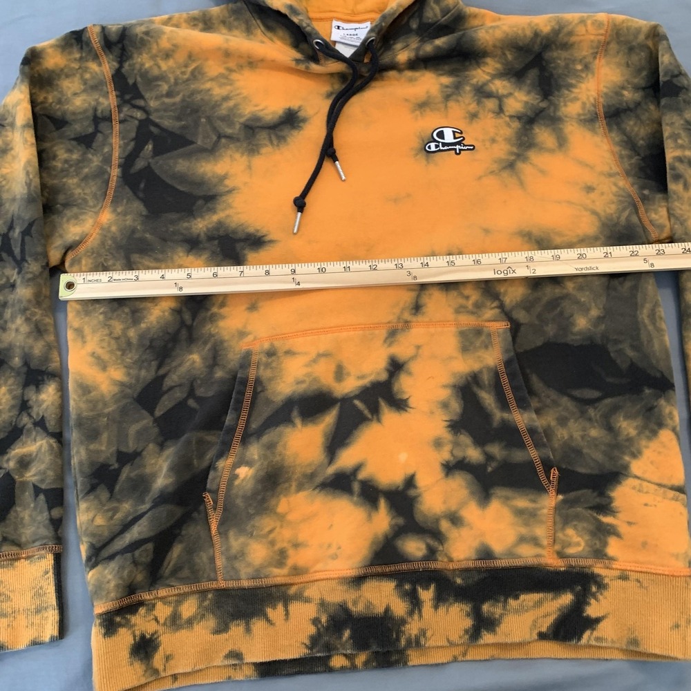 Champion Hoodie Mens Large Orange Black Tie Dye Fleece Pullover Sweatshirt - Picture 4 of 7